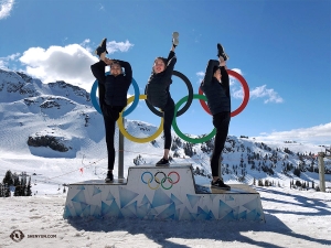 Dancer Hannah Jao strikes a gold-winning pose while Yuxuan Liu (left) and Eva Su are close behind with silver and bronze, respectively. (Photo by dancer Diana Teng)