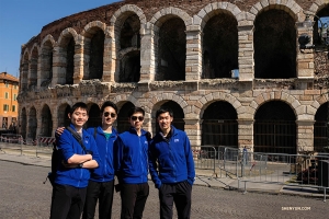 Built in the first century but still in use today, the Arena di Verona is one of the best preserved Roman amphitheaters. From left: dancers Henry Hung, Stanley Lin, Allen Liu, and Felix Sun.